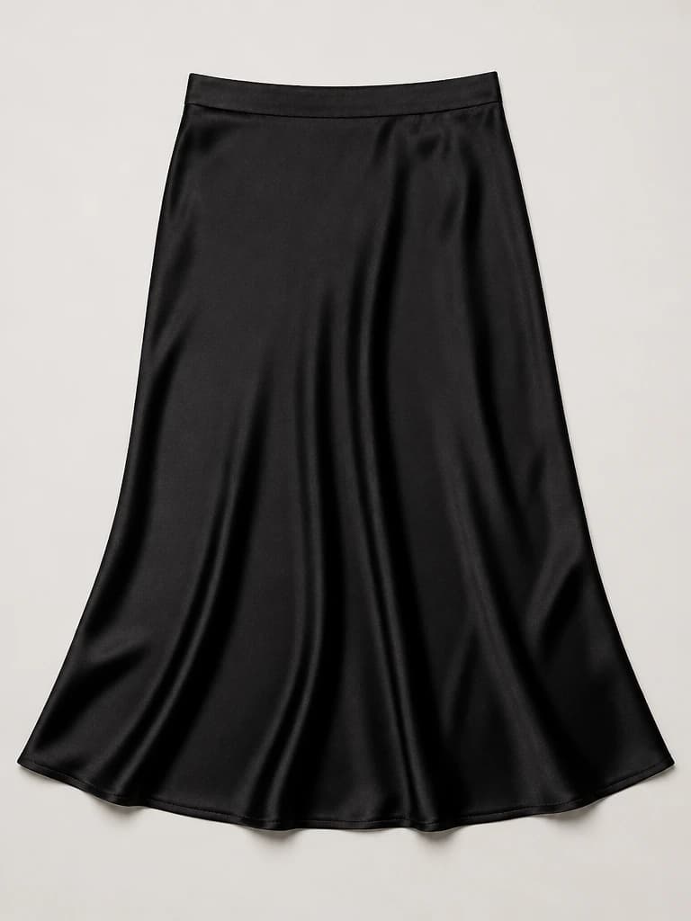 Black satin midi skirt flat lay