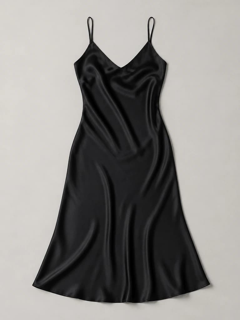 Black satin slip dress flat lay