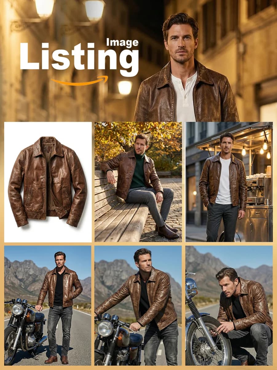 Brown leather jacket photo set
