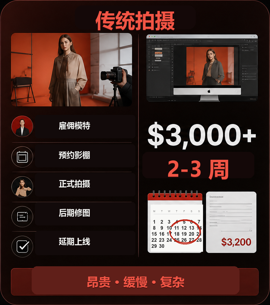 传统商品拍摄流程成本更高且耗时更长