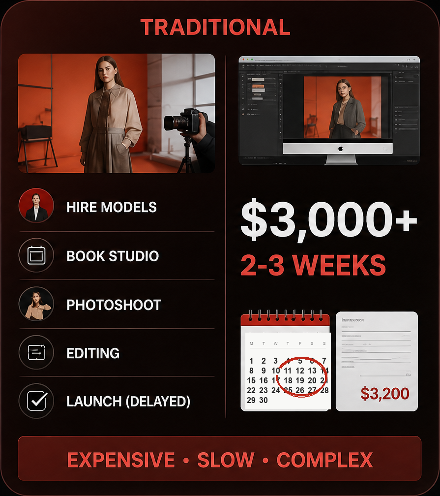Traditional product photoshoot workflow costs more and takes weeks